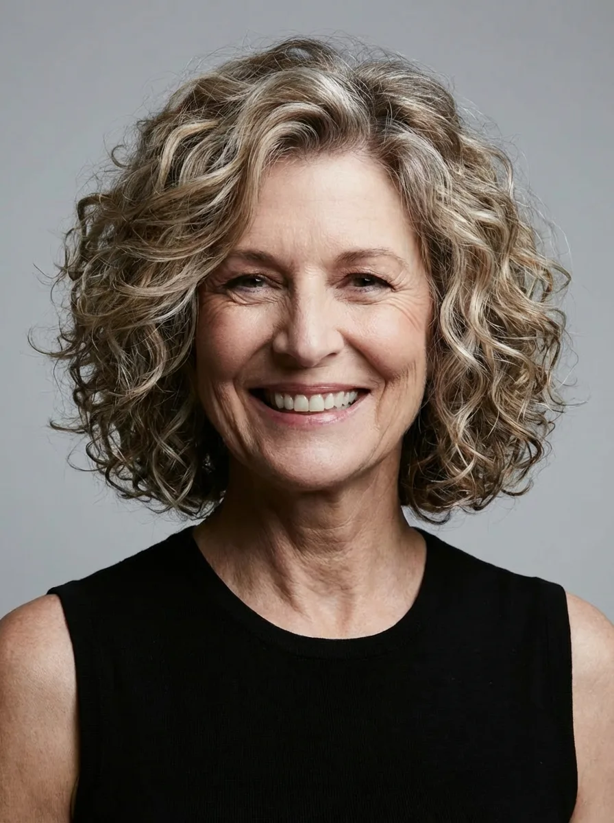 Ash Blonde Curly Bob with Soft Highlight Dimensions
